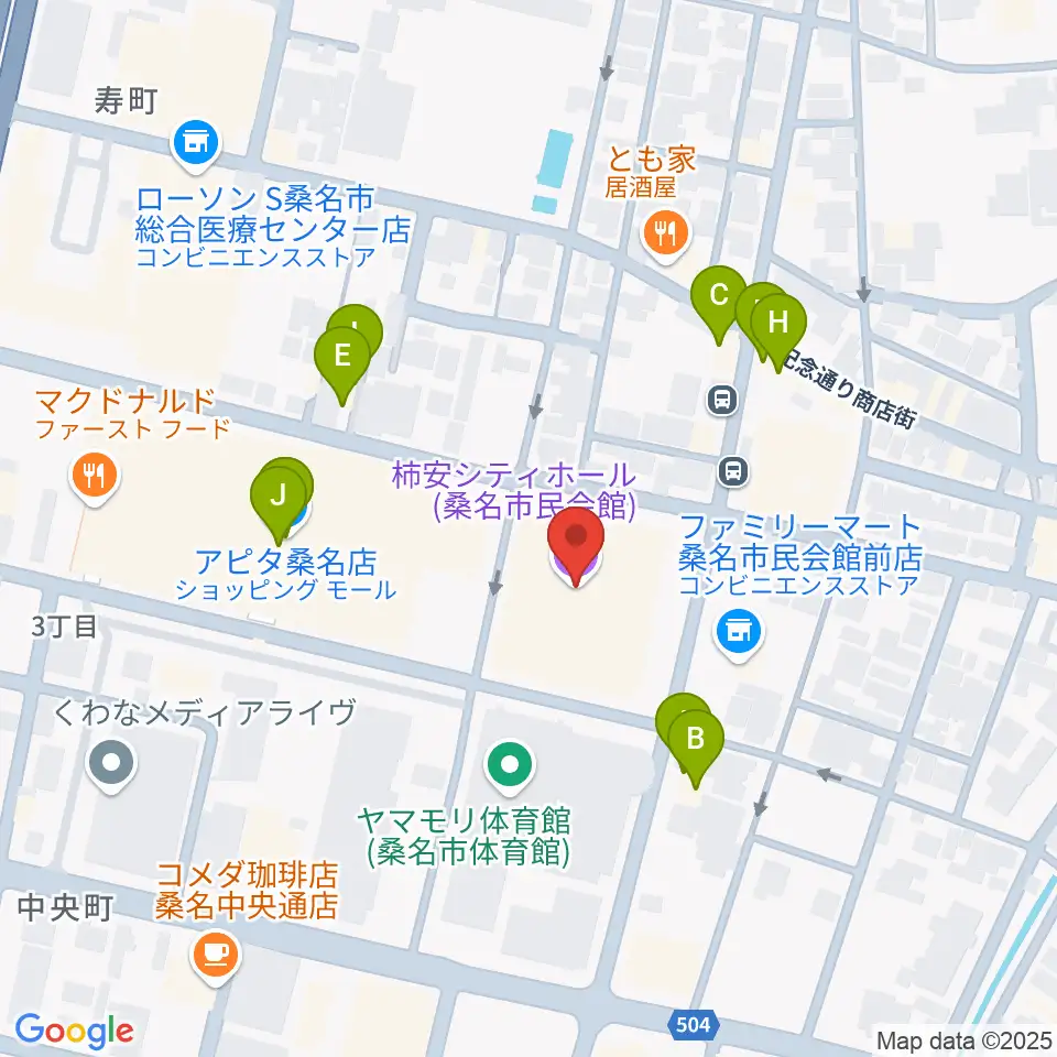 柿安シティホール周辺のファミレス・ファーストフード一覧地図