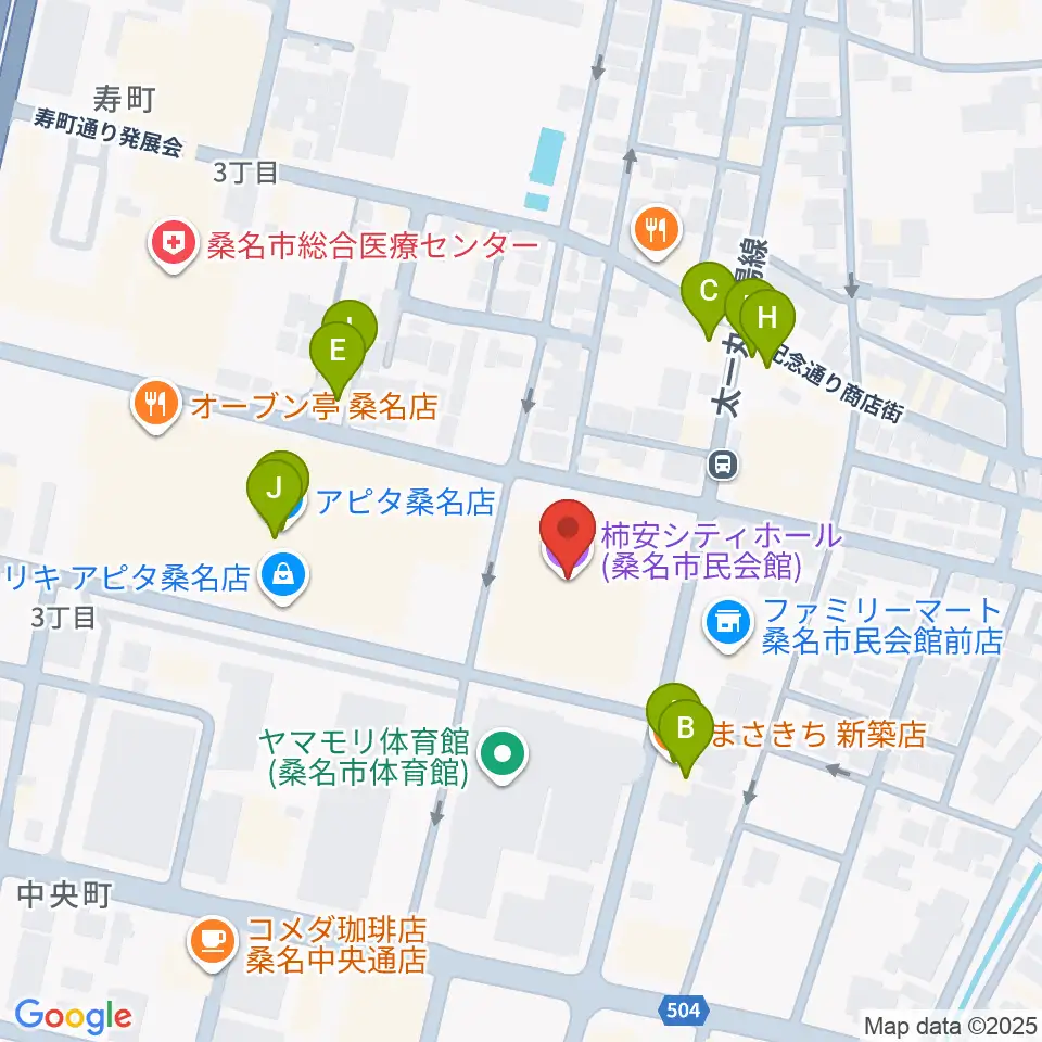 柿安シティホール周辺のファミレス・ファーストフード一覧地図