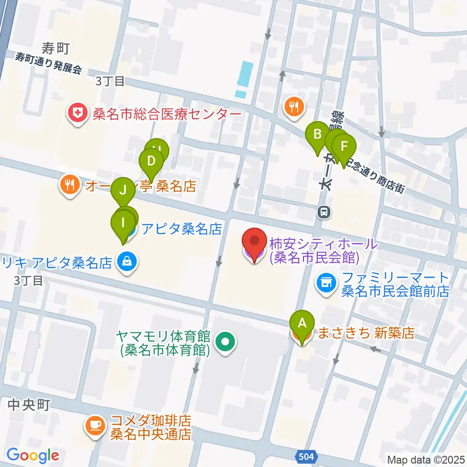 柿安シティホール周辺のファミレス・ファーストフード一覧地図