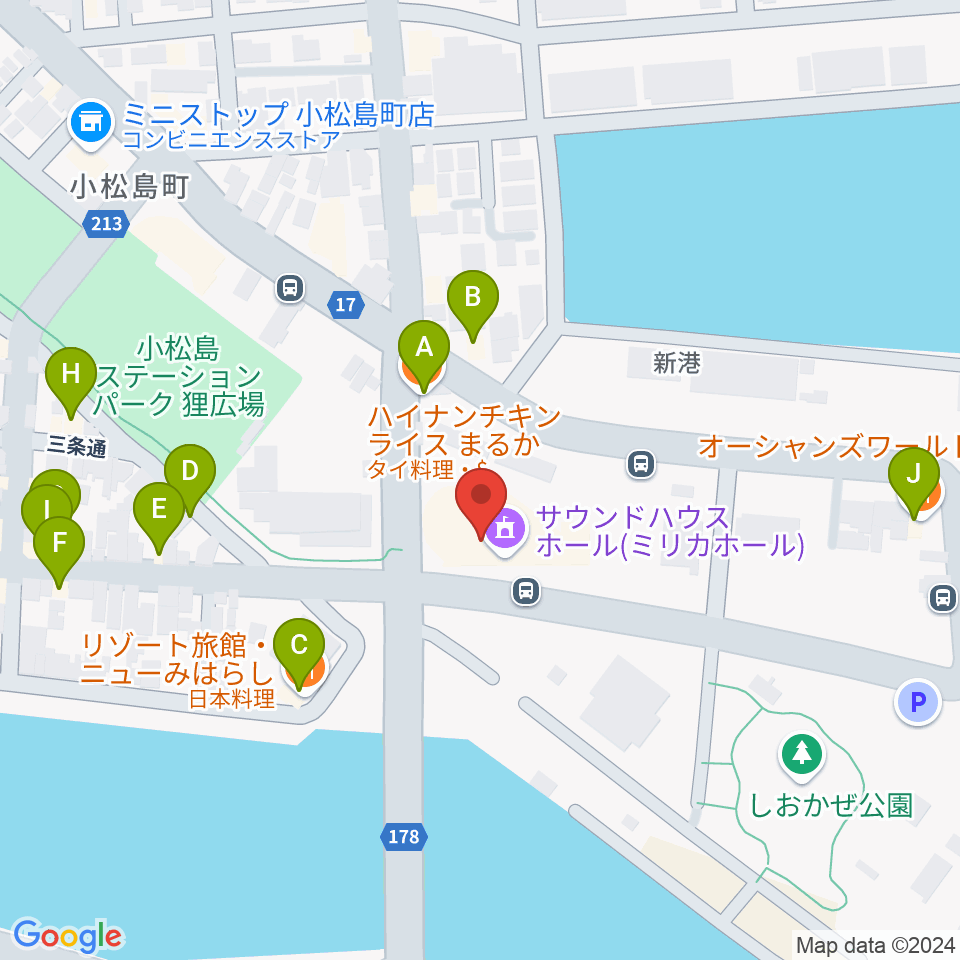 小松島市サウンドハウスホール周辺のファミレス・ファーストフード一覧地図