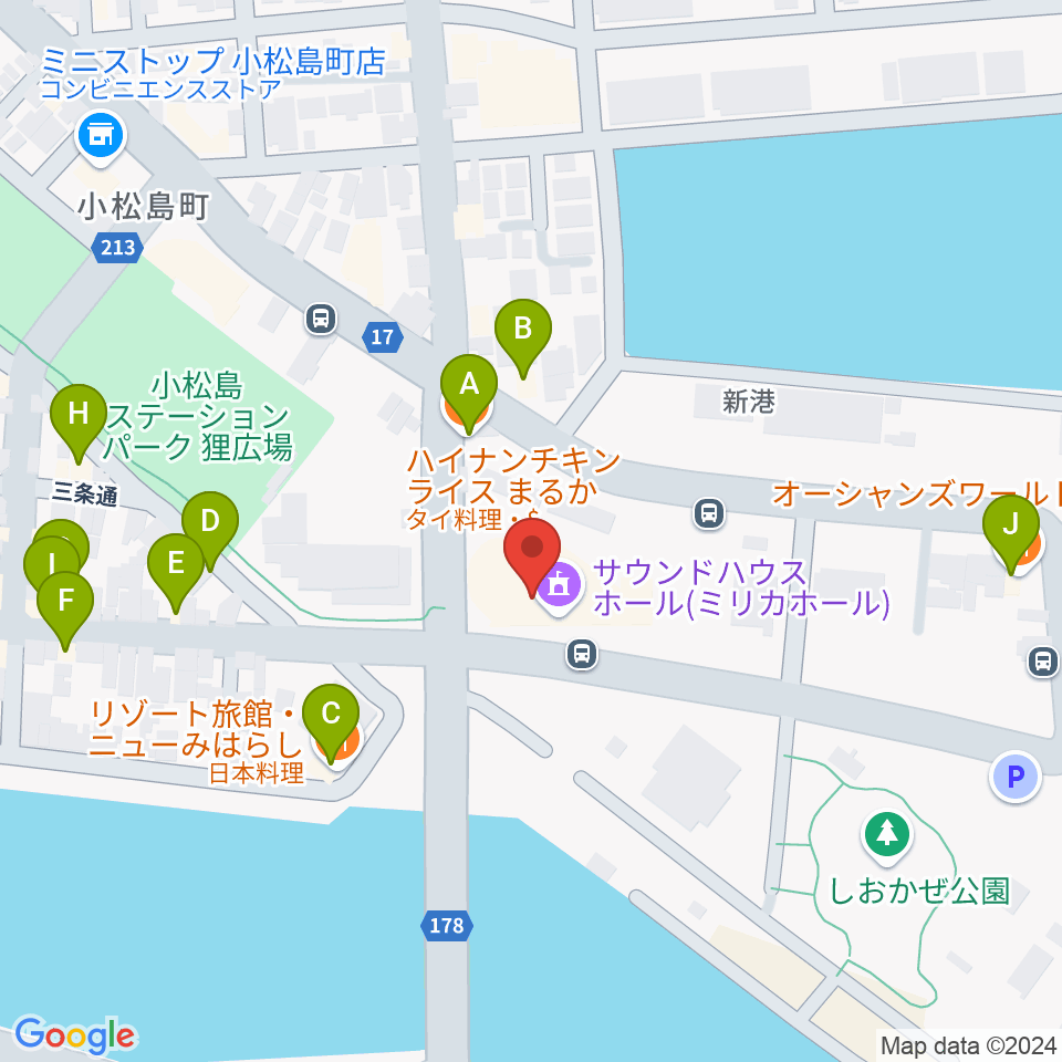 小松島市サウンドハウスホール周辺のファミレス・ファーストフード一覧地図