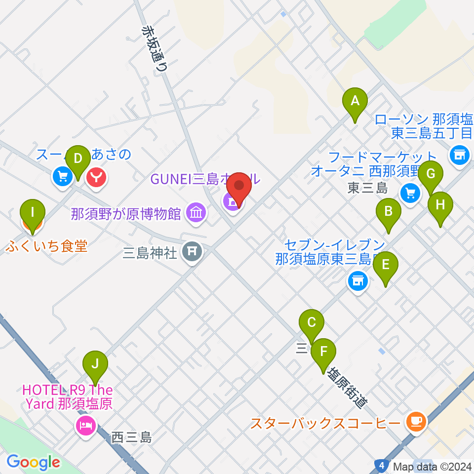 GUNEI三島ホール周辺のファミレス・ファーストフード一覧地図