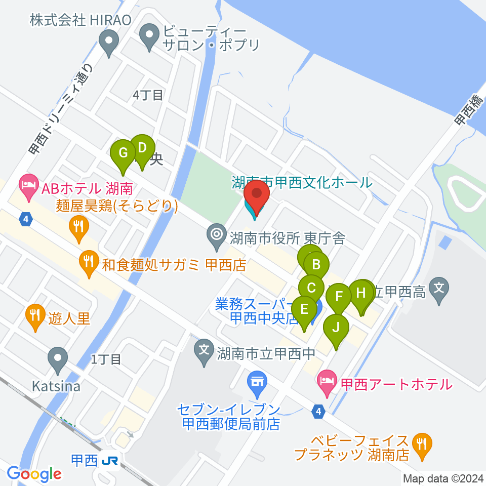 湖南市甲西文化ホール周辺のファミレス・ファーストフード一覧地図