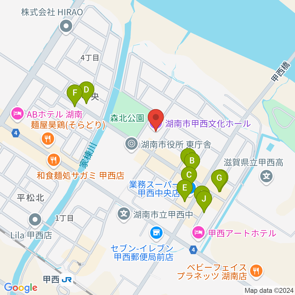 湖南市甲西文化ホール周辺のファミレス・ファーストフード一覧地図