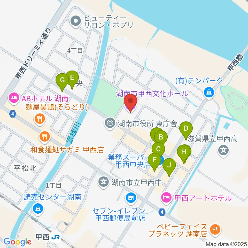 湖南市甲西文化ホール周辺のファミレス・ファーストフード一覧地図