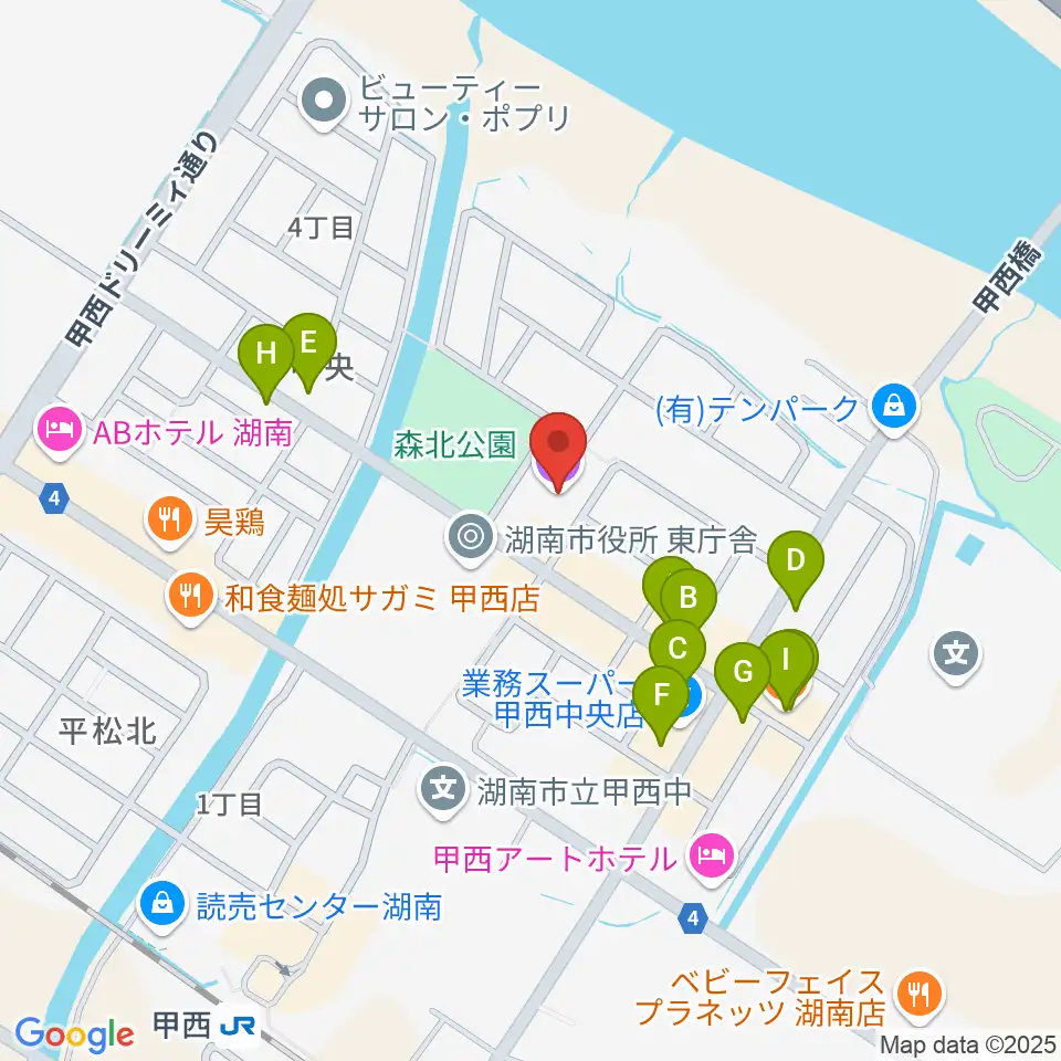 湖南市甲西文化ホール周辺のファミレス・ファーストフード一覧地図