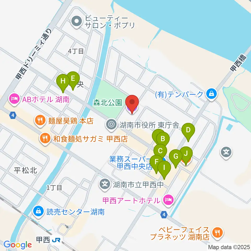 湖南市甲西文化ホール周辺のファミレス・ファーストフード一覧地図