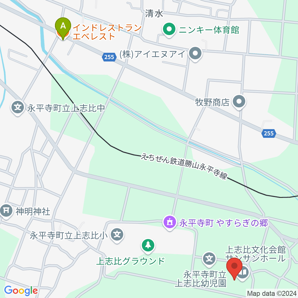 上志比文化会館サンサンホール周辺のファミレス・ファーストフード一覧地図