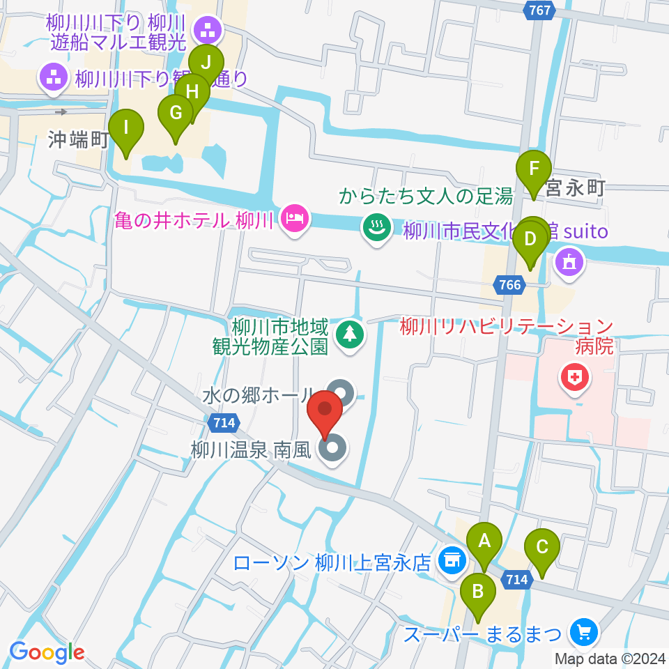 柳川総合保健福祉センター 水の郷ホール周辺のファミレス・ファーストフード一覧地図