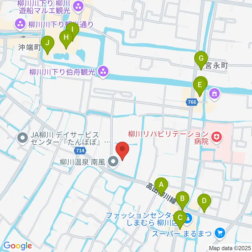 柳川総合保健福祉センター 水の郷ホール周辺のファミレス・ファーストフード一覧地図