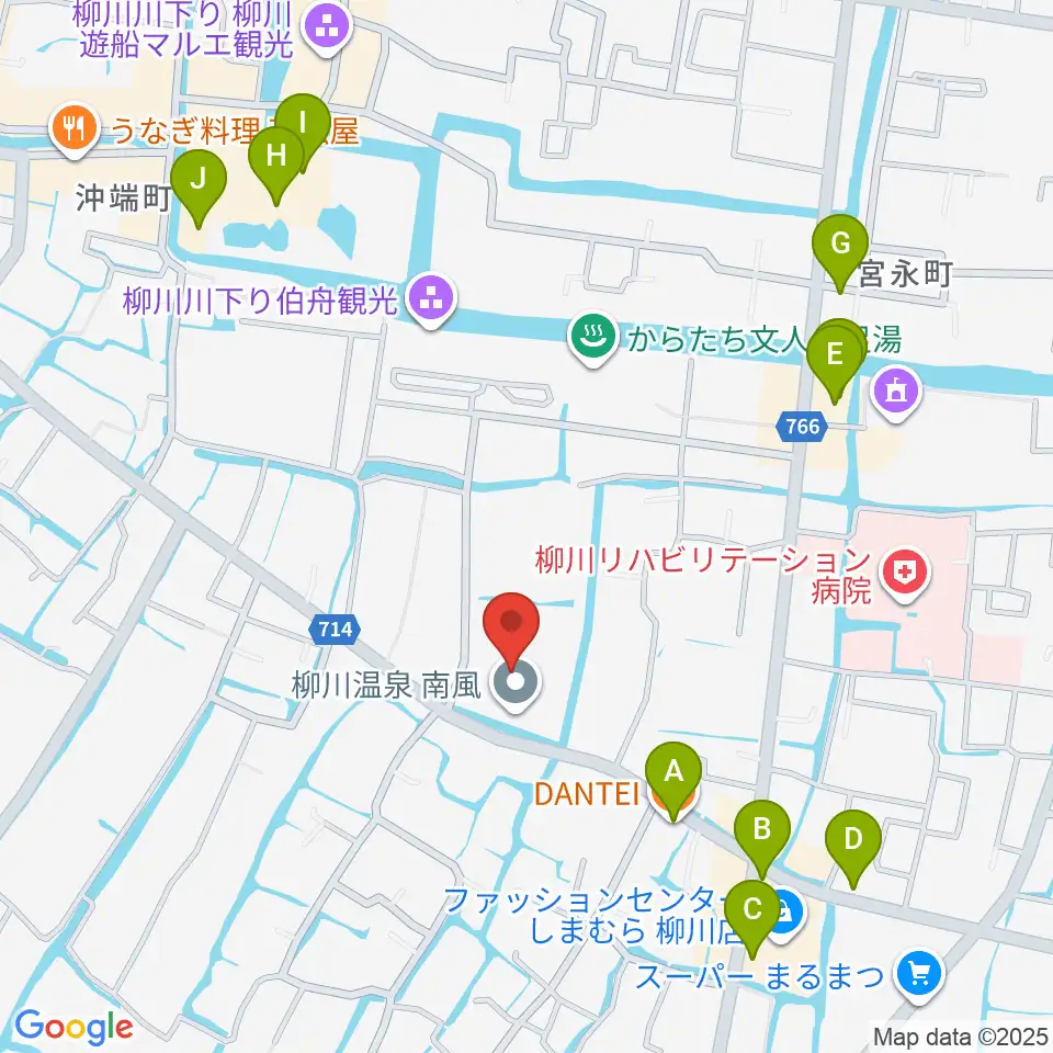 柳川総合保健福祉センター 水の郷ホール周辺のファミレス・ファーストフード一覧地図