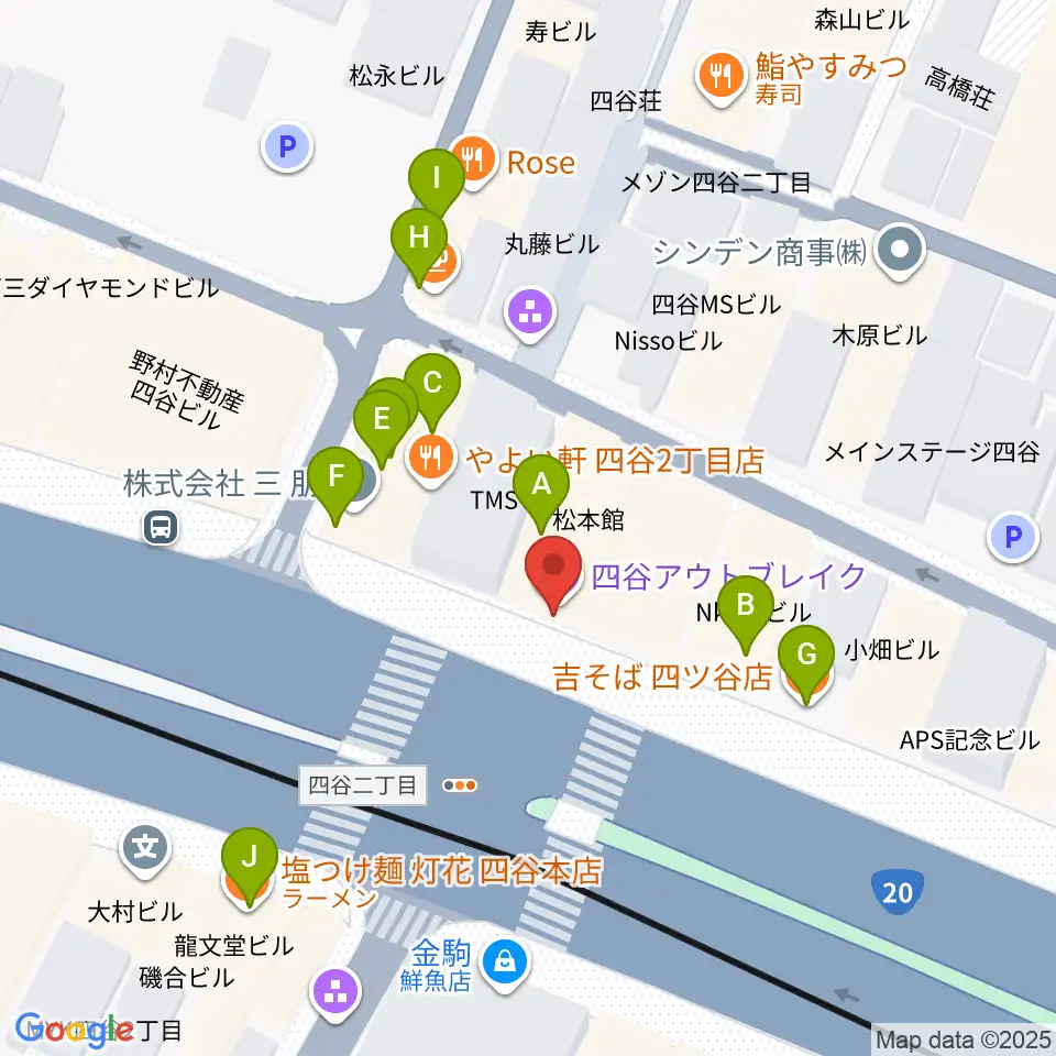 四谷アウトブレイク周辺のファミレス・ファーストフード一覧地図