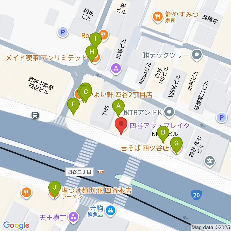 四谷アウトブレイク周辺のファミレス・ファーストフード一覧地図