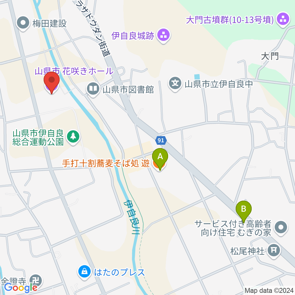 文化の里 花咲きホール周辺のファミレス・ファーストフード一覧地図