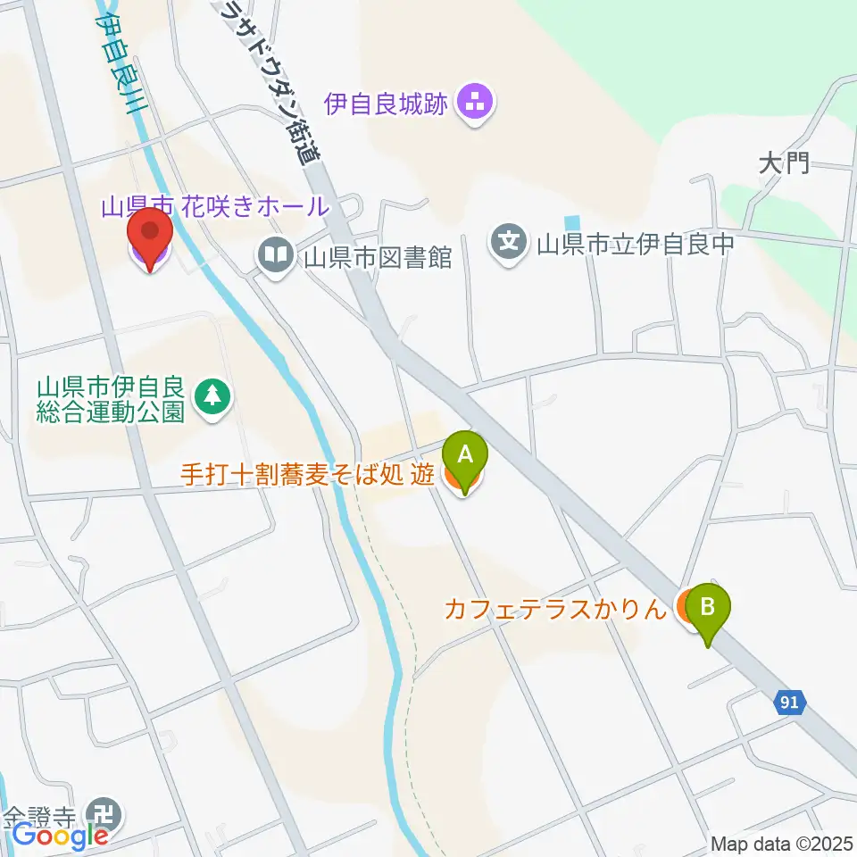 文化の里 花咲きホール周辺のファミレス・ファーストフード一覧地図