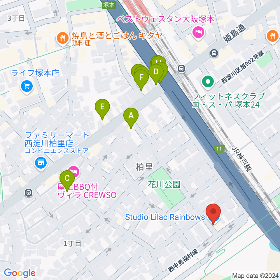 スタジオライラックレインボーズ周辺のファミレス・ファーストフード一覧地図