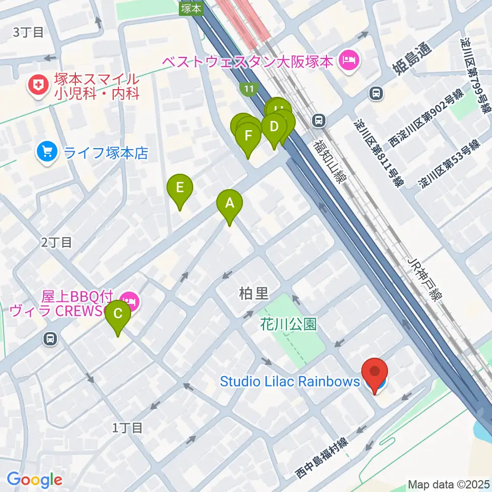 スタジオライラックレインボーズ周辺のファミレス・ファーストフード一覧地図