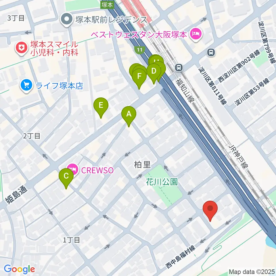 スタジオライラックレインボーズ周辺のファミレス・ファーストフード一覧地図
