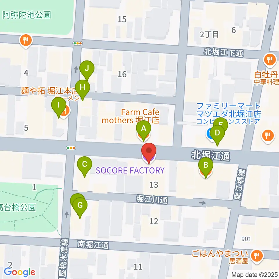 南堀江SOCORE FACTORY周辺のファミレス・ファーストフード一覧地図
