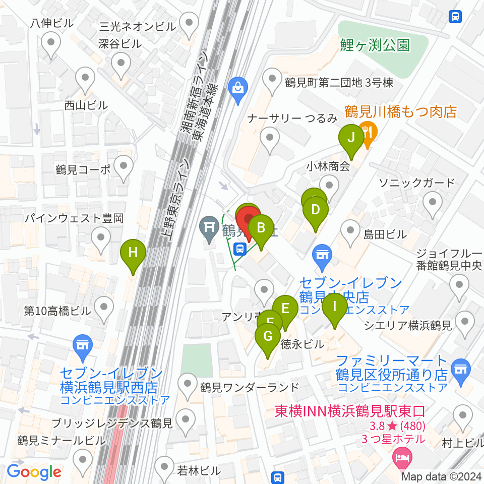 鶴見ラバーソウル周辺のファミレス・ファーストフード一覧地図