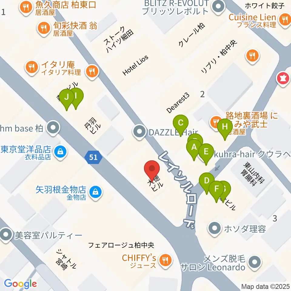 USボーカル教室 柏校周辺のファミレス・ファーストフード一覧地図