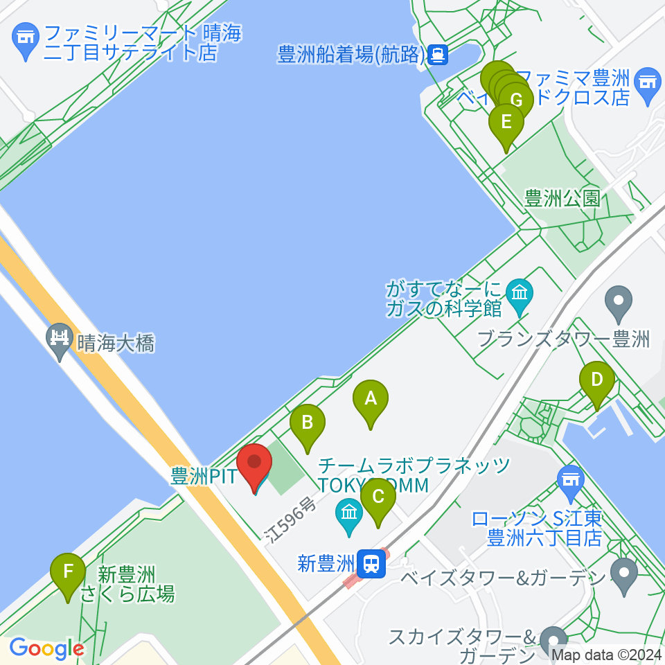 豊洲PIT周辺のファミレス・ファーストフード一覧地図