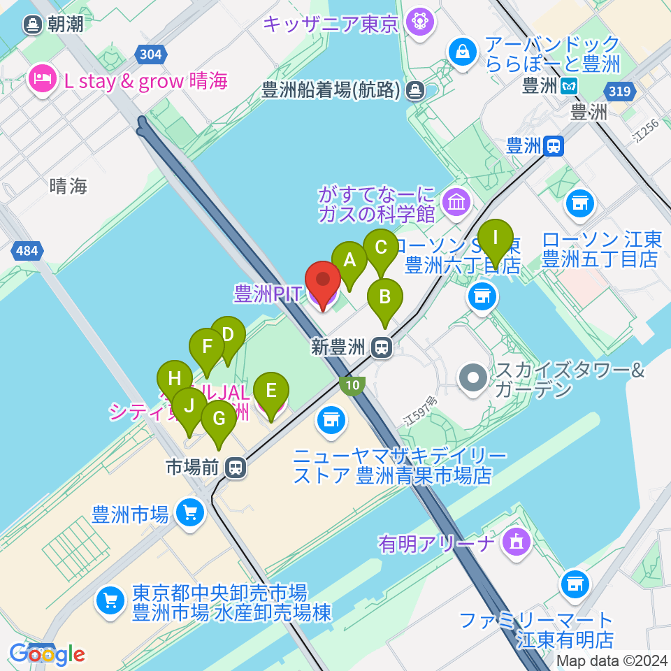 豊洲PIT周辺のファミレス・ファーストフード一覧地図