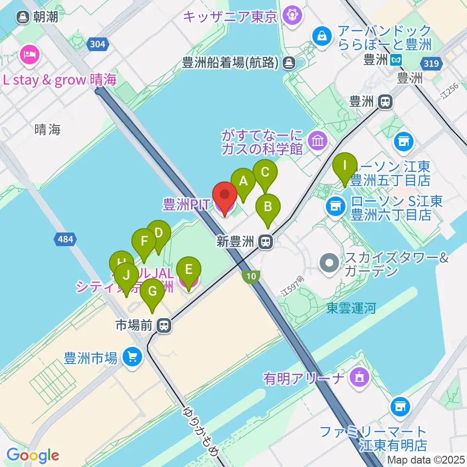 豊洲PIT周辺のファミレス・ファーストフード一覧地図