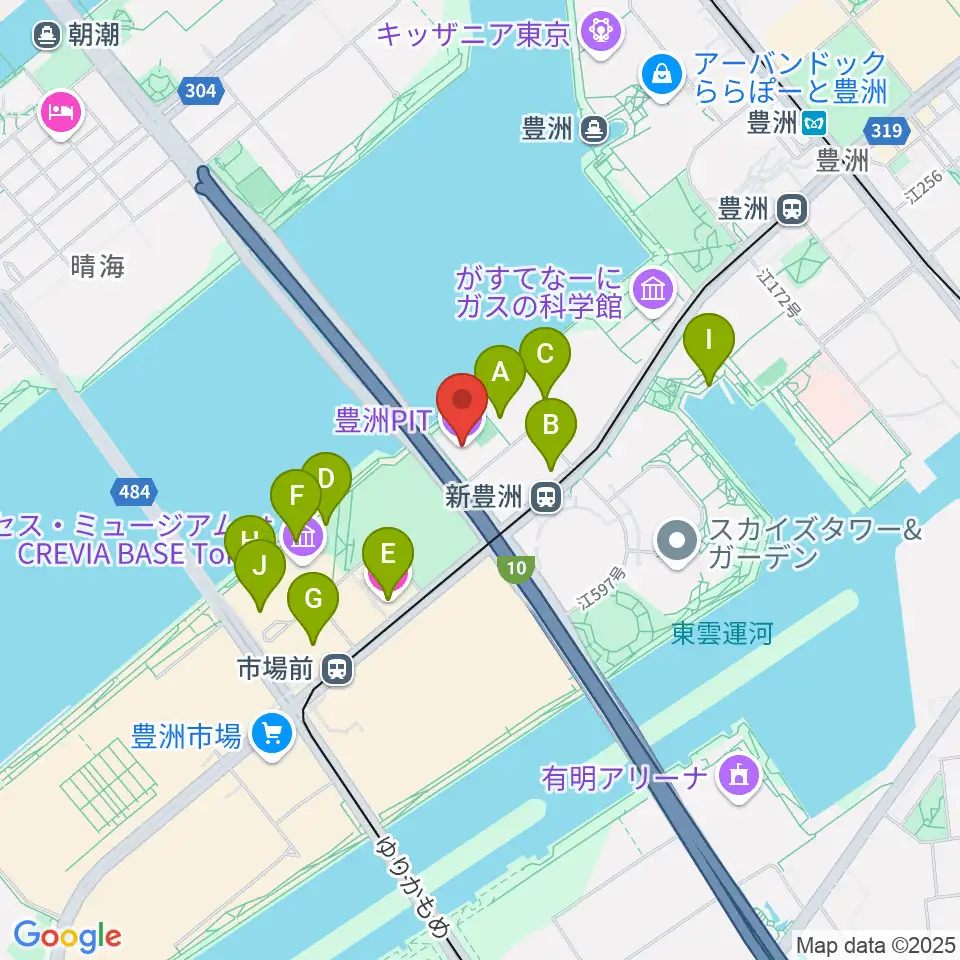 豊洲PIT周辺のファミレス・ファーストフード一覧地図