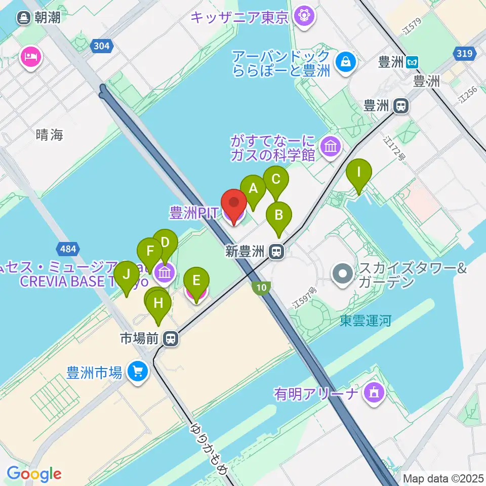 豊洲PIT周辺のファミレス・ファーストフード一覧地図