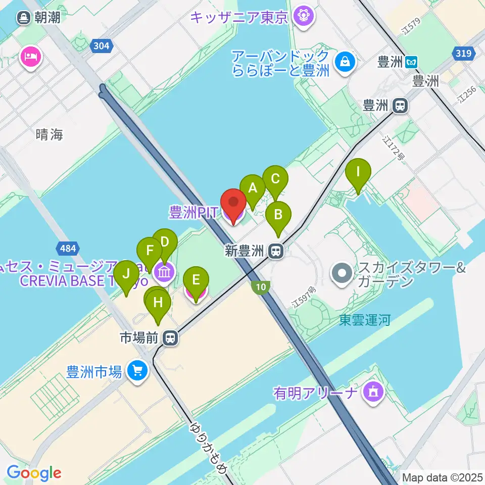 豊洲PIT周辺のファミレス・ファーストフード一覧地図