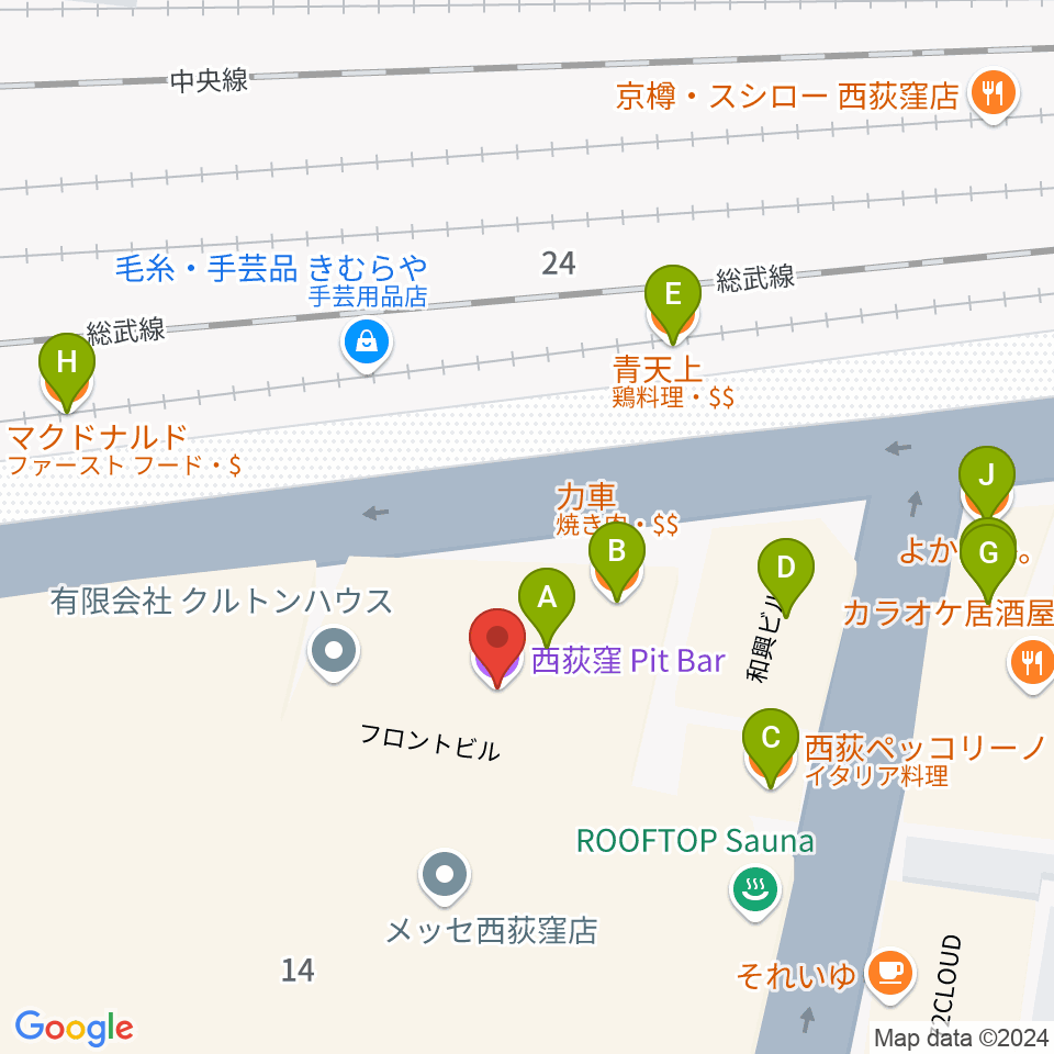 西荻窪ピットバー周辺のファミレス・ファーストフード一覧地図