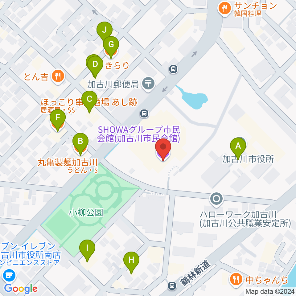 SHOWAグループ市民会館周辺のファミレス・ファーストフード一覧地図