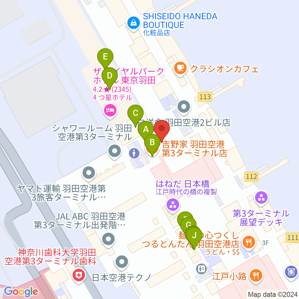 羽田空港ティアットスカイホール周辺のファミレス・ファーストフード一覧地図