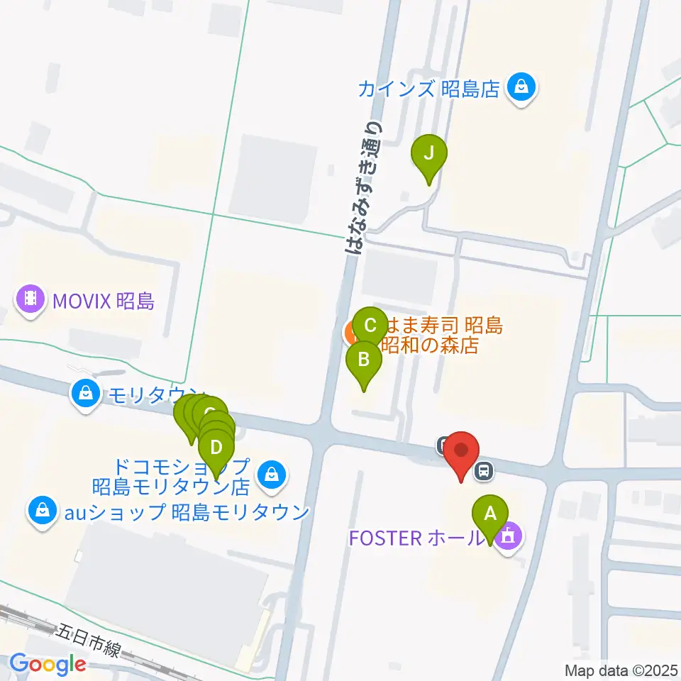 FOSTERホール 昭島市民会館周辺のファミレス・ファーストフード一覧地図