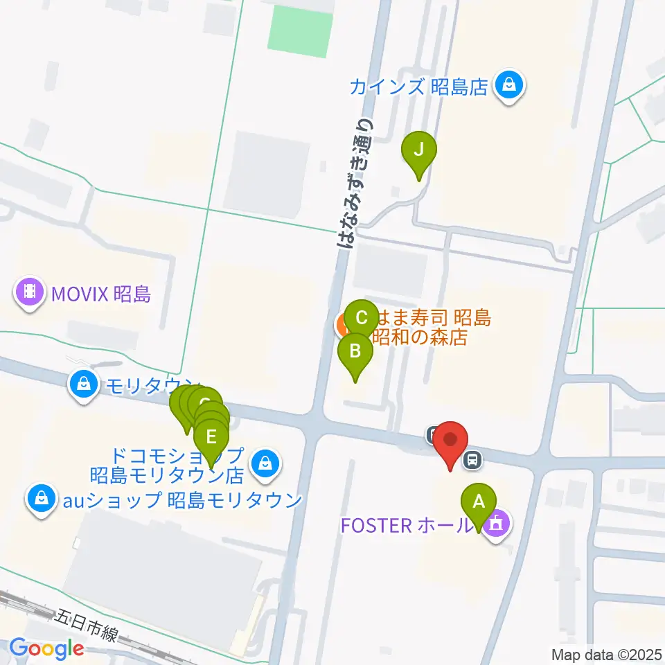 FOSTERホール 昭島市民会館周辺のファミレス・ファーストフード一覧地図