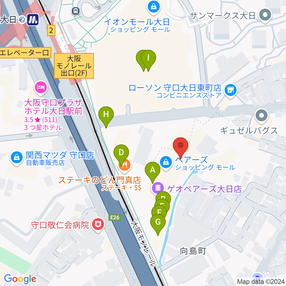 大東楽器ヤマハピアノストア周辺のファミレス・ファーストフード一覧地図