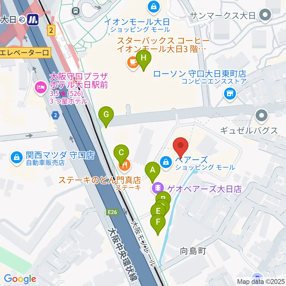 大東楽器ヤマハピアノストア周辺のファミレス・ファーストフード一覧地図
