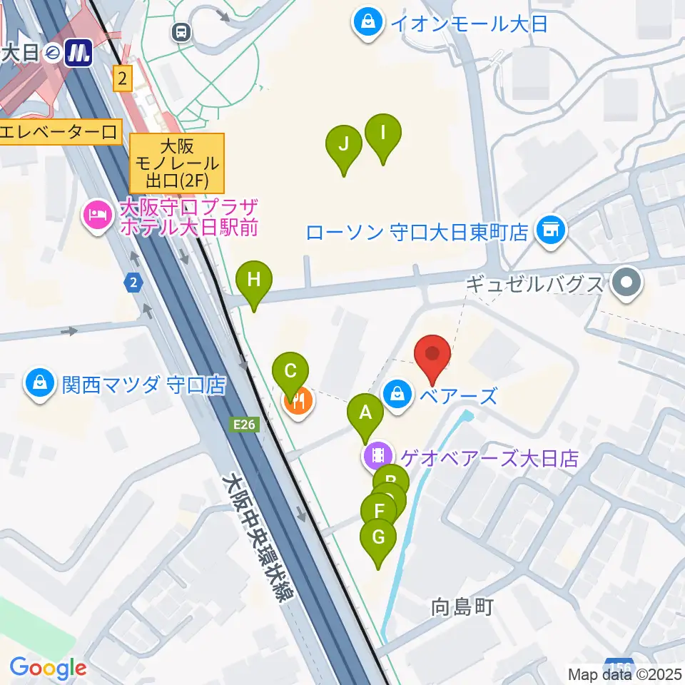 大東楽器ヤマハピアノストア周辺のファミレス・ファーストフード一覧地図