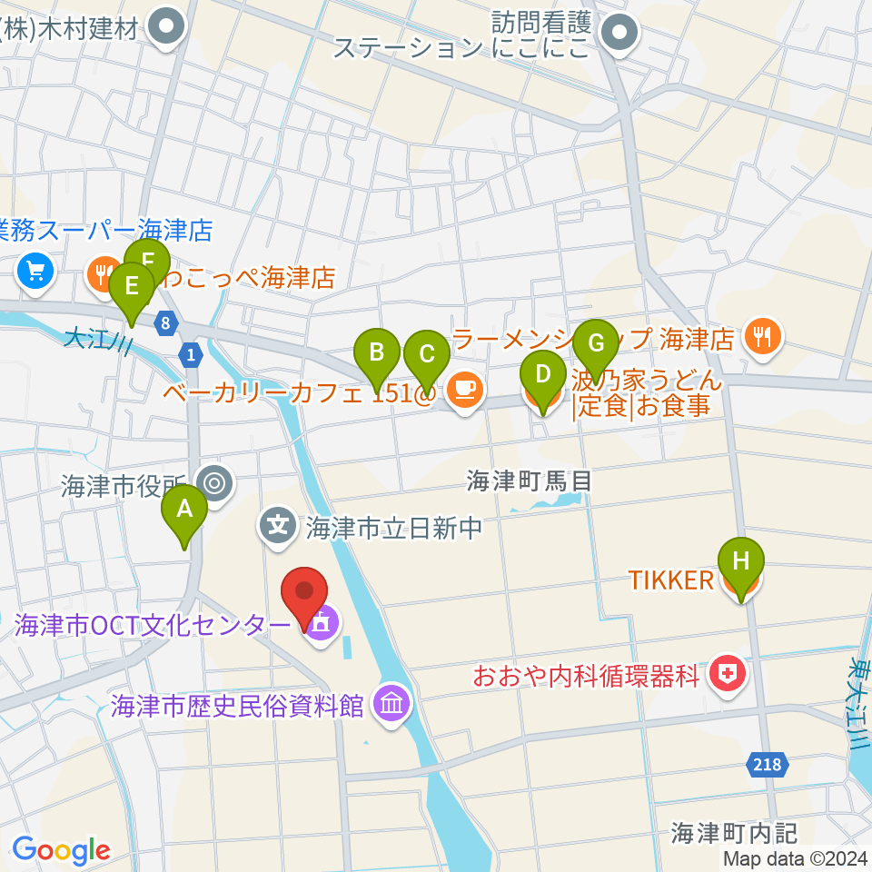 海津市OCT文化センター周辺のファミレス・ファーストフード一覧地図