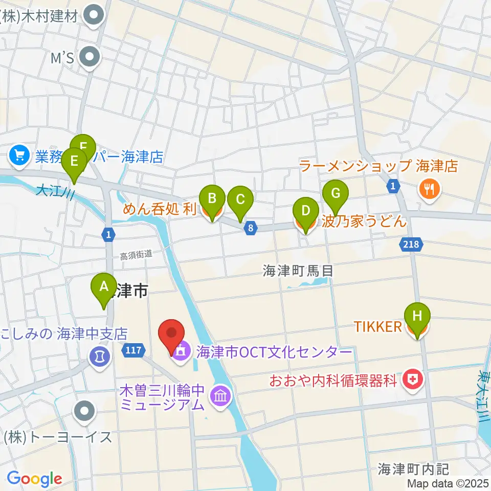 海津市OCT文化センター周辺のファミレス・ファーストフード一覧地図