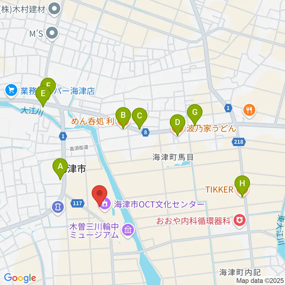 海津市OCT文化センター周辺のファミレス・ファーストフード一覧地図