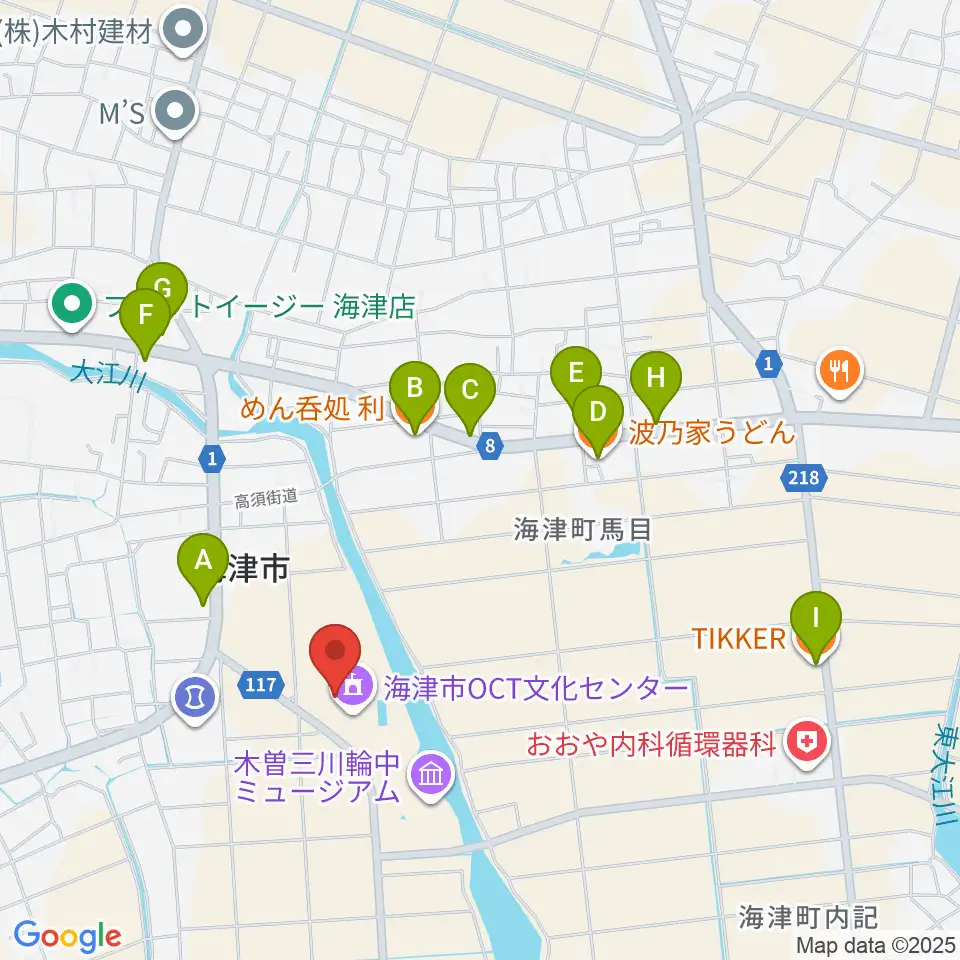 海津市OCT文化センター周辺のファミレス・ファーストフード一覧地図