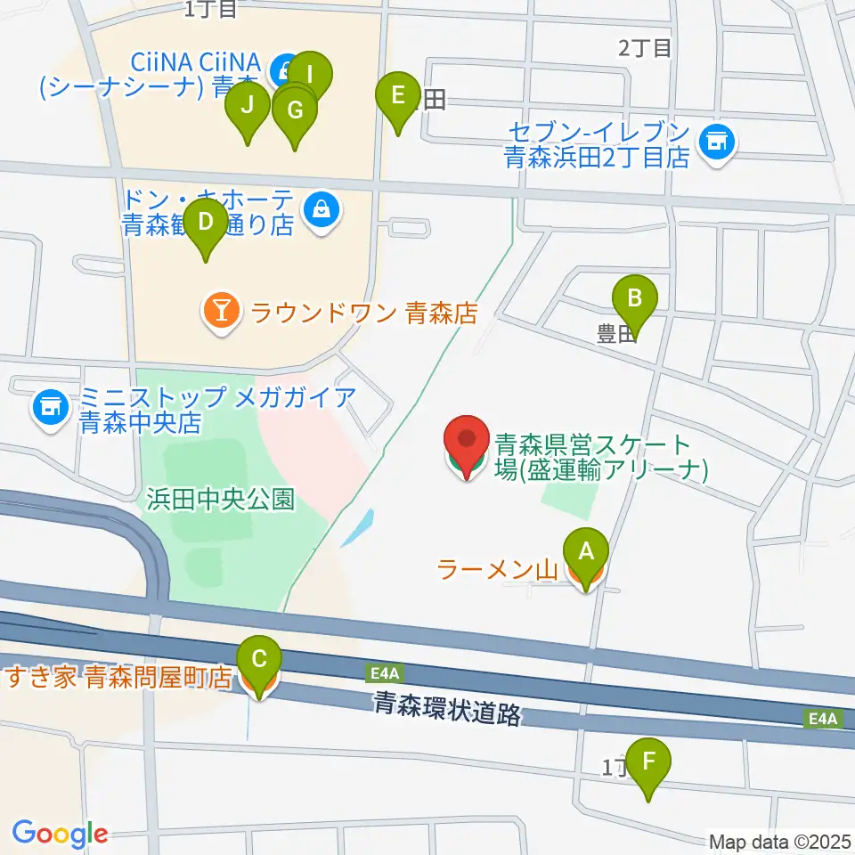 盛運輸アリーナ 青森県営スケート場周辺のファミレス・ファーストフード一覧地図