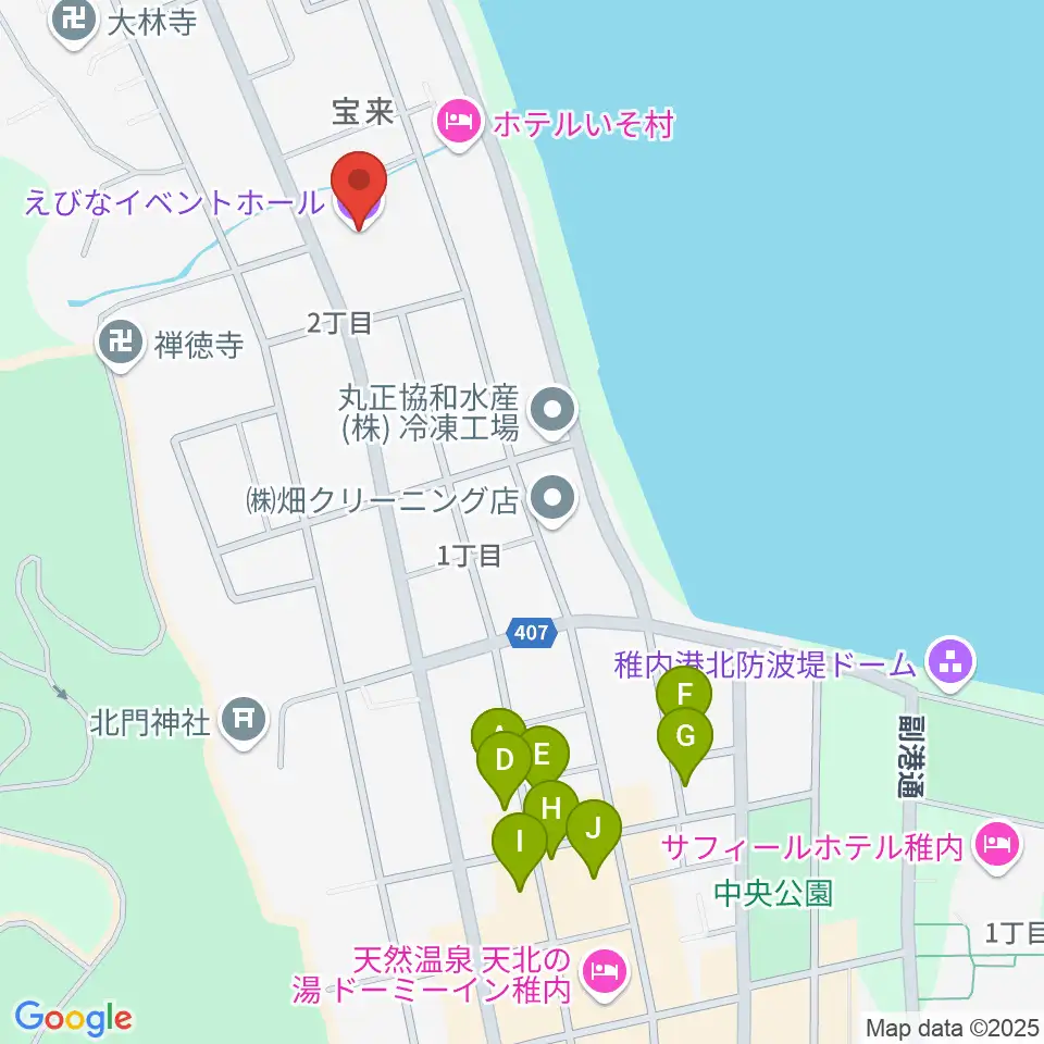 稚内エビナイベントホール周辺のファミレス・ファーストフード一覧地図