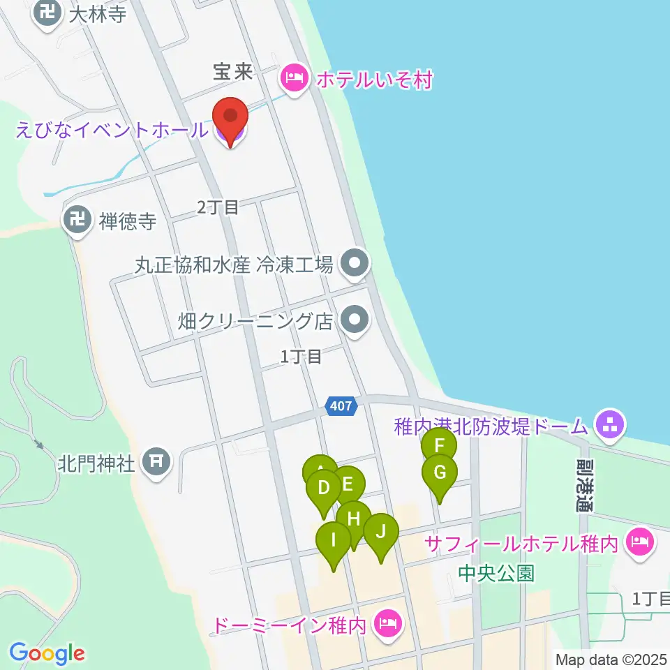 稚内エビナイベントホール周辺のファミレス・ファーストフード一覧地図