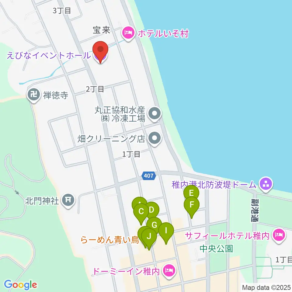 稚内エビナイベントホール周辺のファミレス・ファーストフード一覧地図