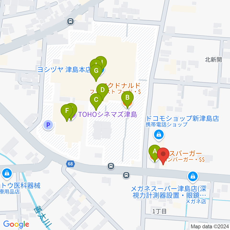 津島グランツ周辺のファミレス・ファーストフード一覧地図