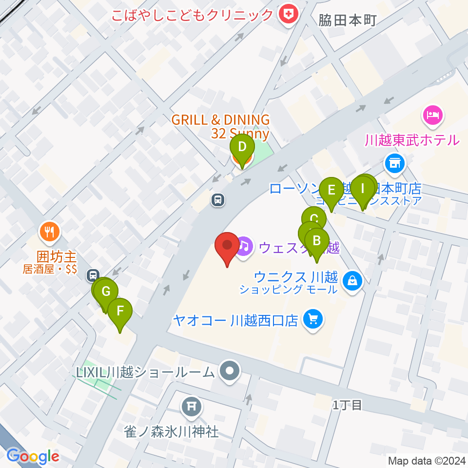 ウェスタ川越 大ホール周辺のファミレス・ファーストフード一覧地図