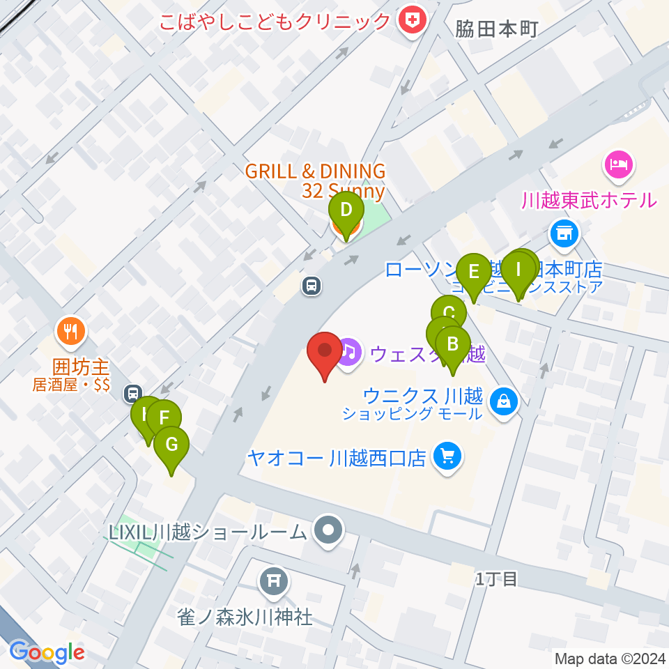 ウェスタ川越 大ホール周辺のファミレス・ファーストフード一覧地図